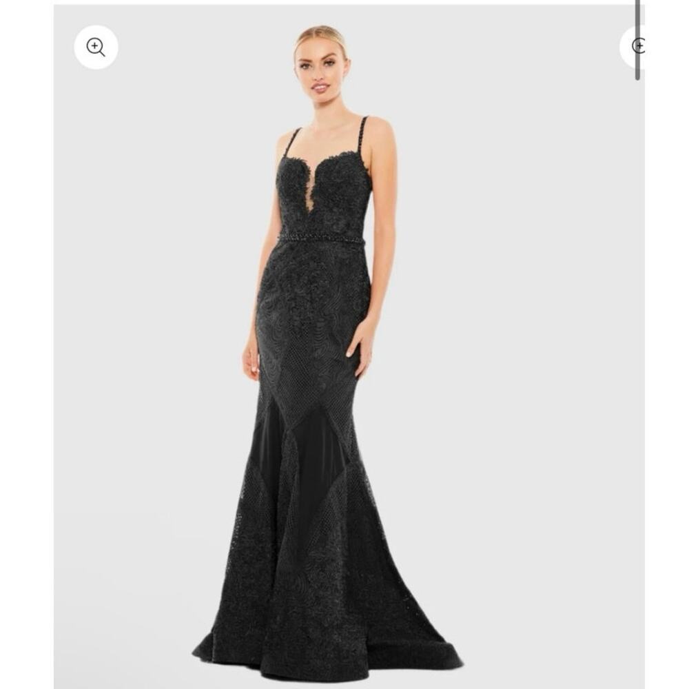 Mac Duggal Black Embroidered Sleeveless Plunge Neck Trumpet Gown Size 6 NWT - Picture 6 of 12